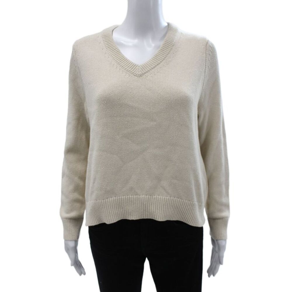 Nili Lotan Womens Ivory V-Neck Pullover Sweater Long Sleeve Size S